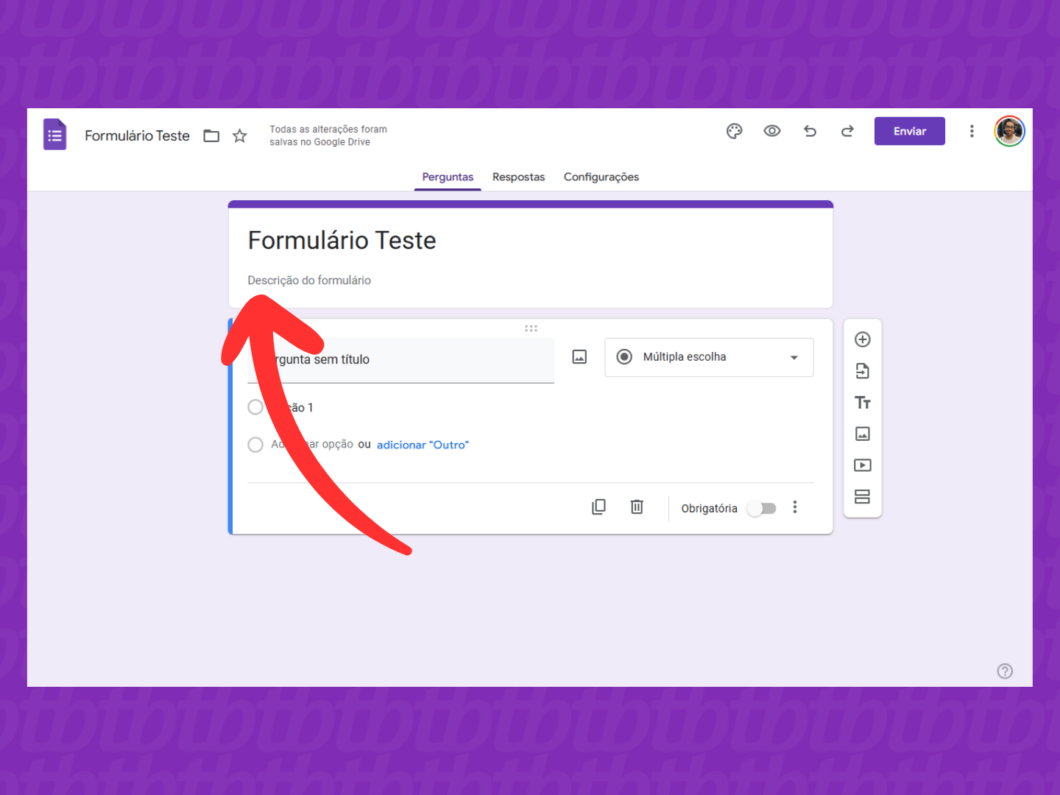 Captura de tela do site Google Forms no PC mostra como editar a descrição do formulário