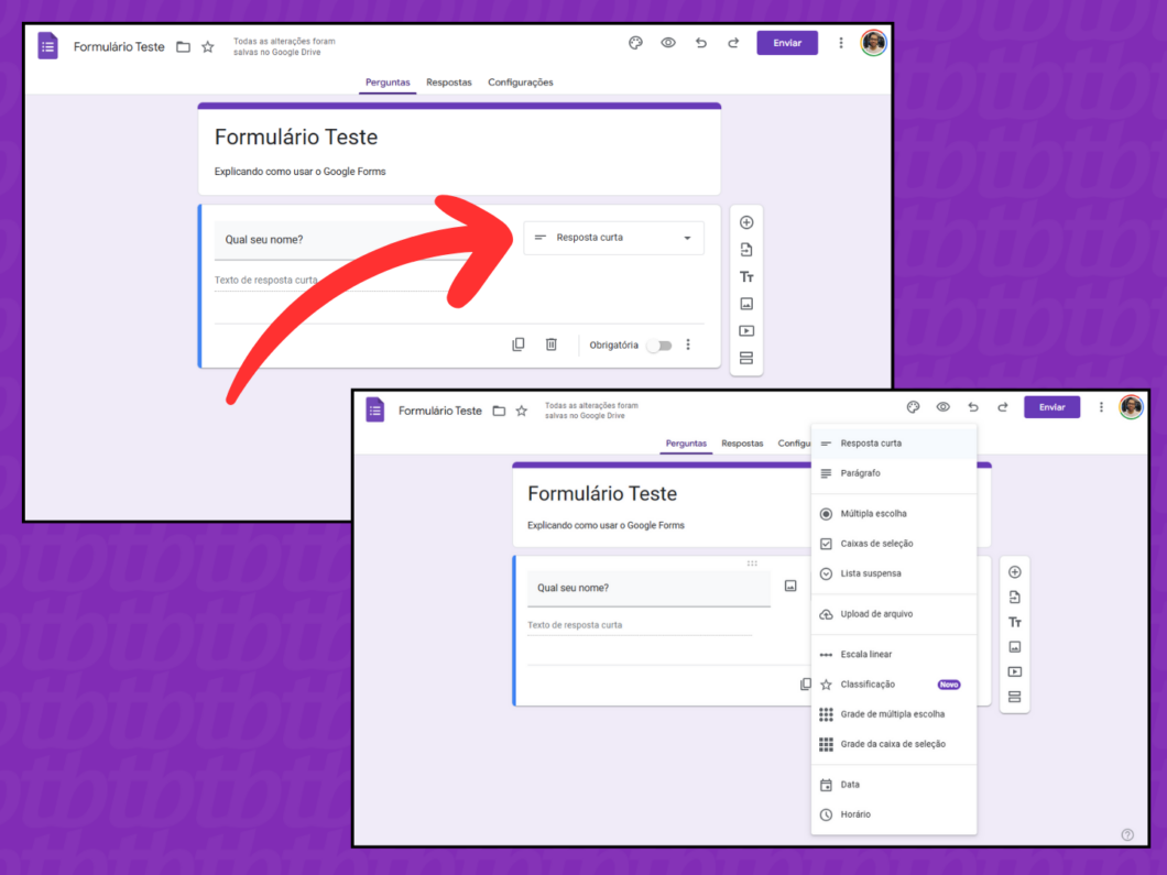 Captura de tela do site Google Forms no PC mostra como definir o formato da resposta