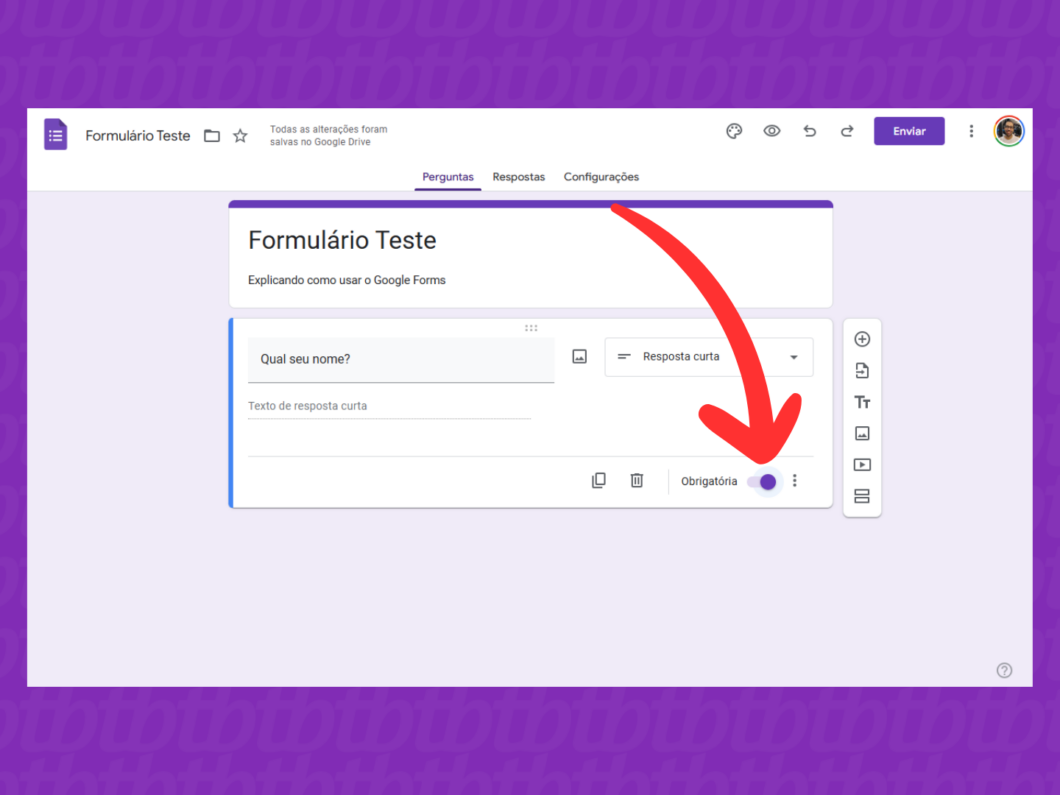 Captura de tela do site Google Forms no PC mostra como tornar a pergunta obrigatória