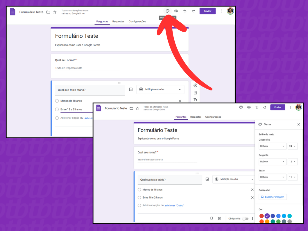 Captura de tela do site Google Forms no PC mostra como alterar o tema do formulário