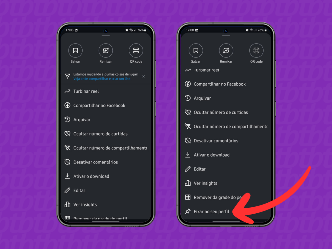 Captura de tela do Instagram mostrando a seleção da opção Fixar no seu perfil