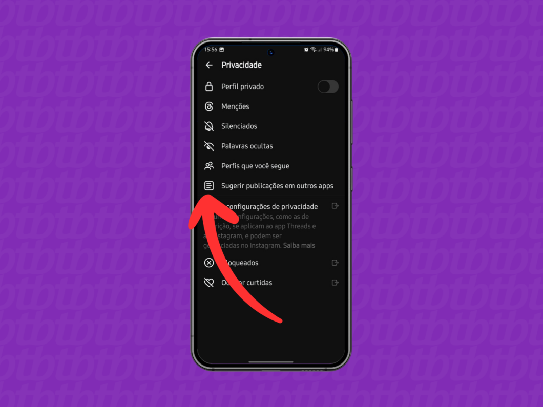 Captura de tela do Threads mostrando como acessar o menu Sugerir publicações em outros apps