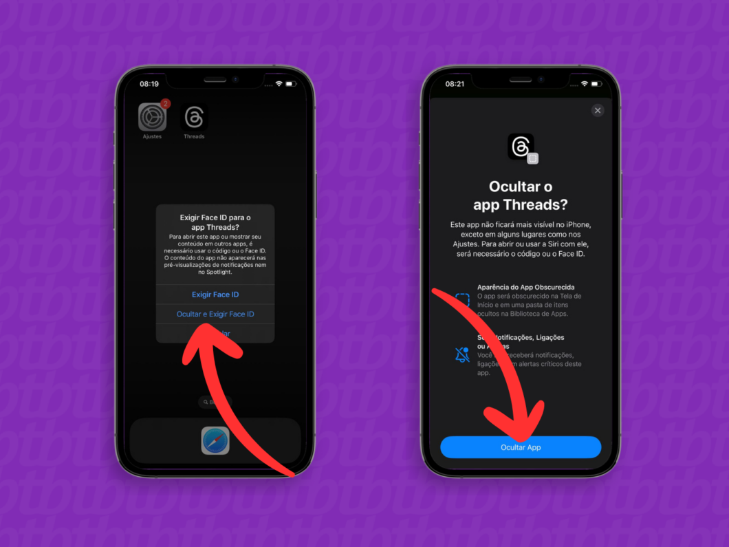 Captura de tela do iPhone mostra como selecionar a opção Ocultar e Exigir Face ID