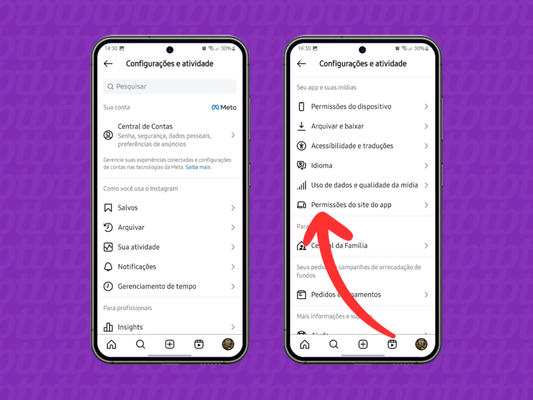 Captura de tela do Instagram mostrando como acessar o menu de permissões do site do app