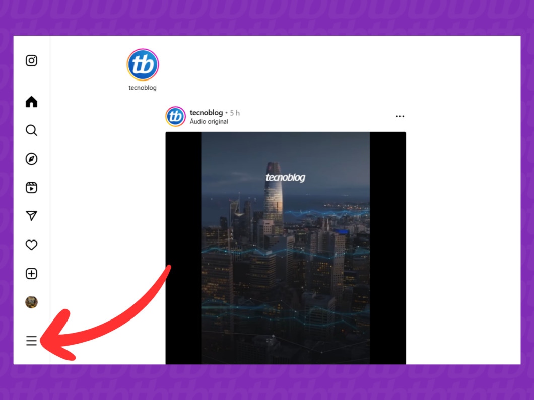 Captura de tela do site Instagram mostrando como acessar o menu principal