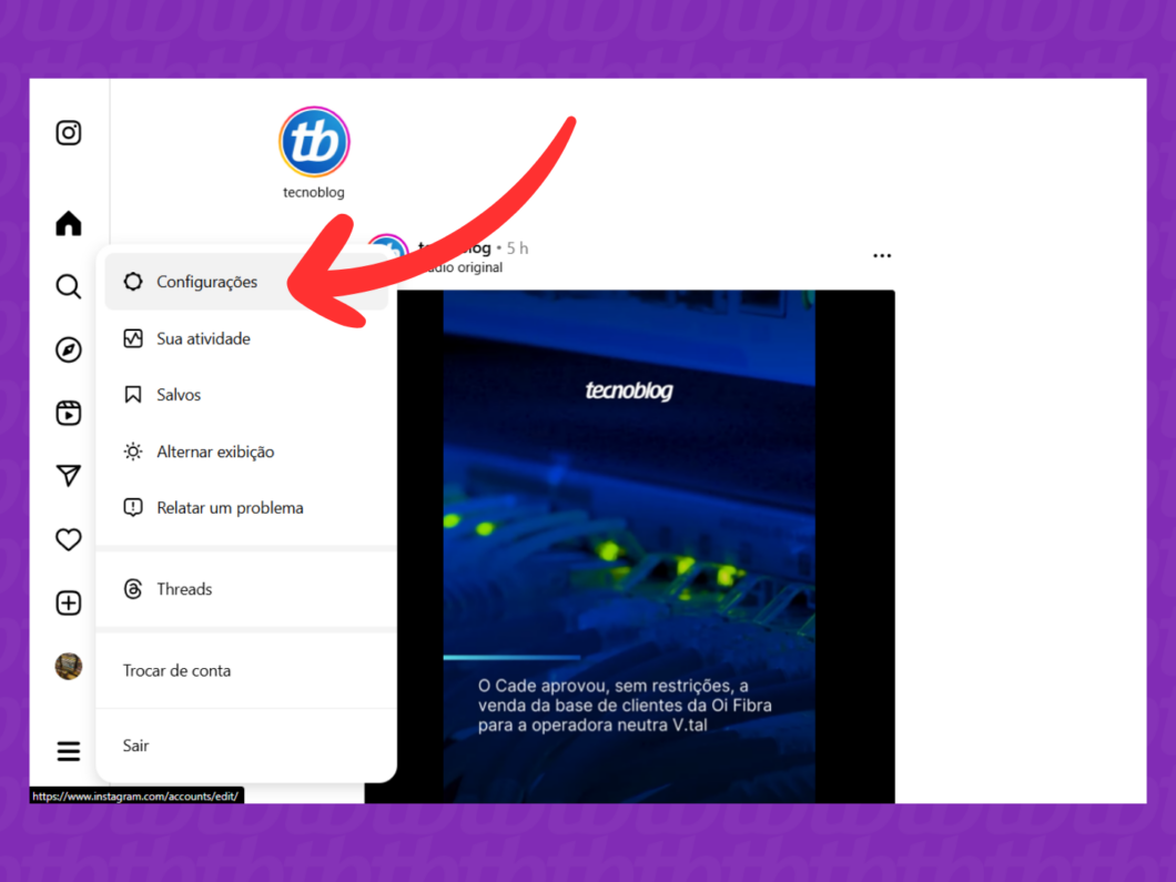 Captura de tela do site Instagram mostrando como acessar o menu configurações