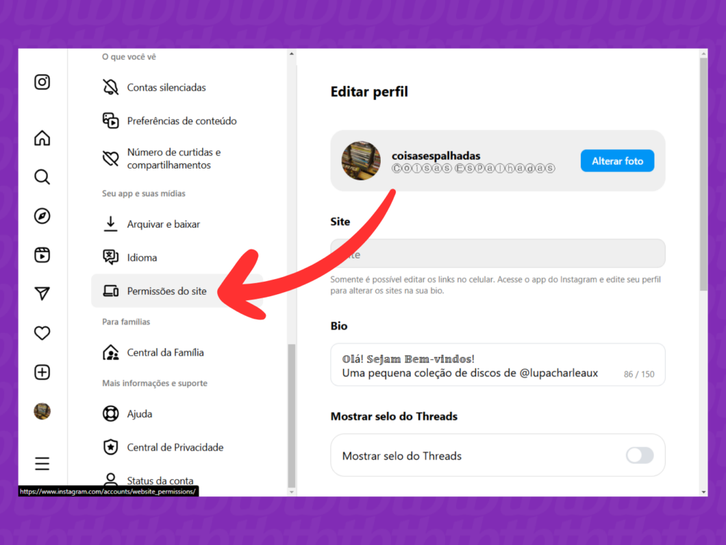 Captura de tela do site Instagram mostrando como acessar o menu permissões do site