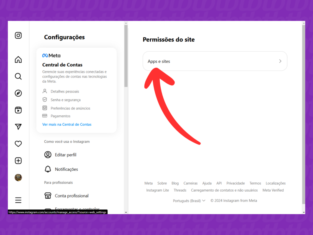 Captura de tela do site Instagram mostrando como acessar o menu apps e sites