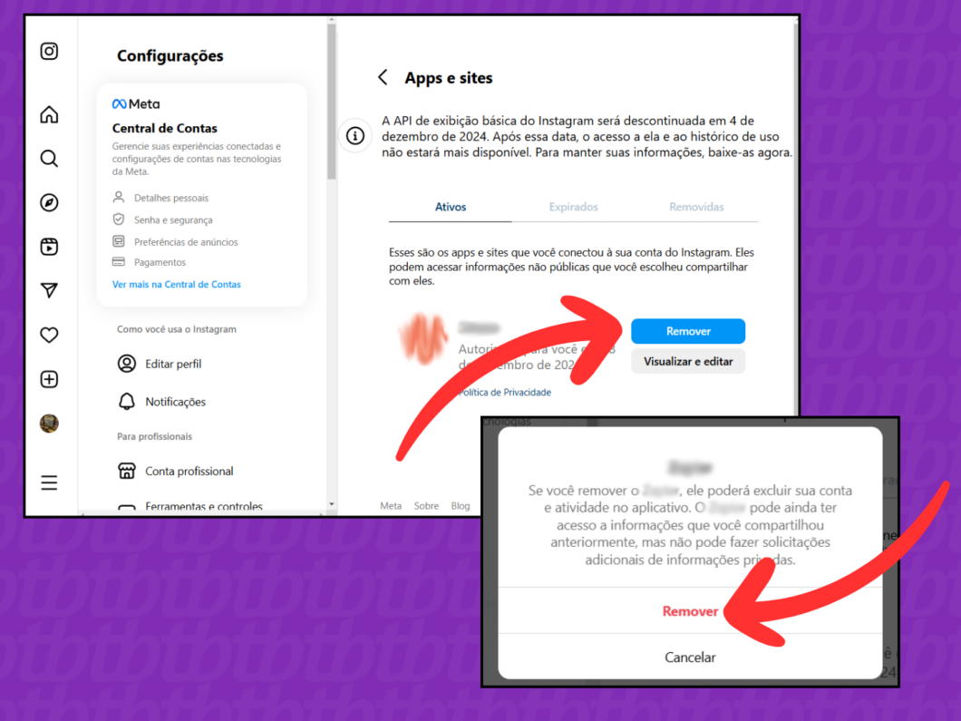 Captura de tela do site Instagram mostrando como remover o acesso de um aplicativo à conta