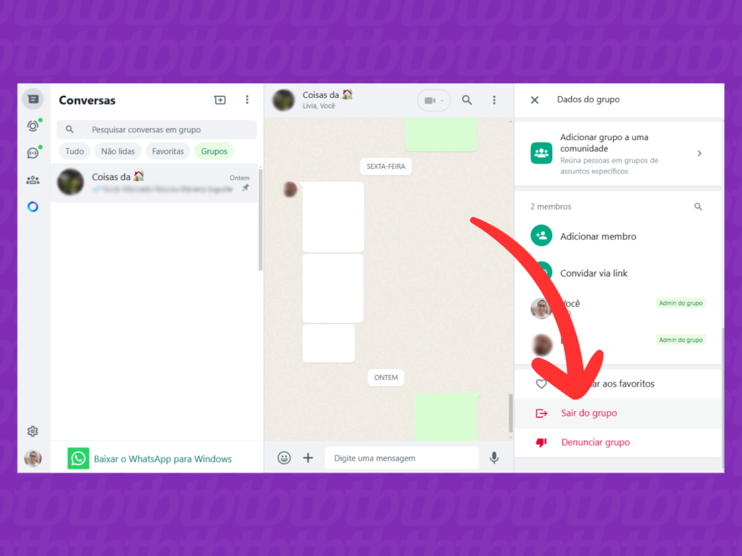 Captura de tela mostrando como selecionar a opção Sair do grupo