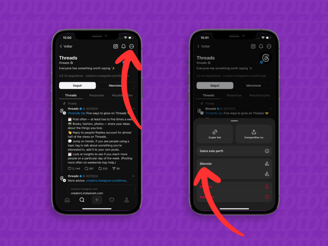 Captura de tela do aplicativo Threads mostra como abrir o menu rápido e usar a função silenciar
