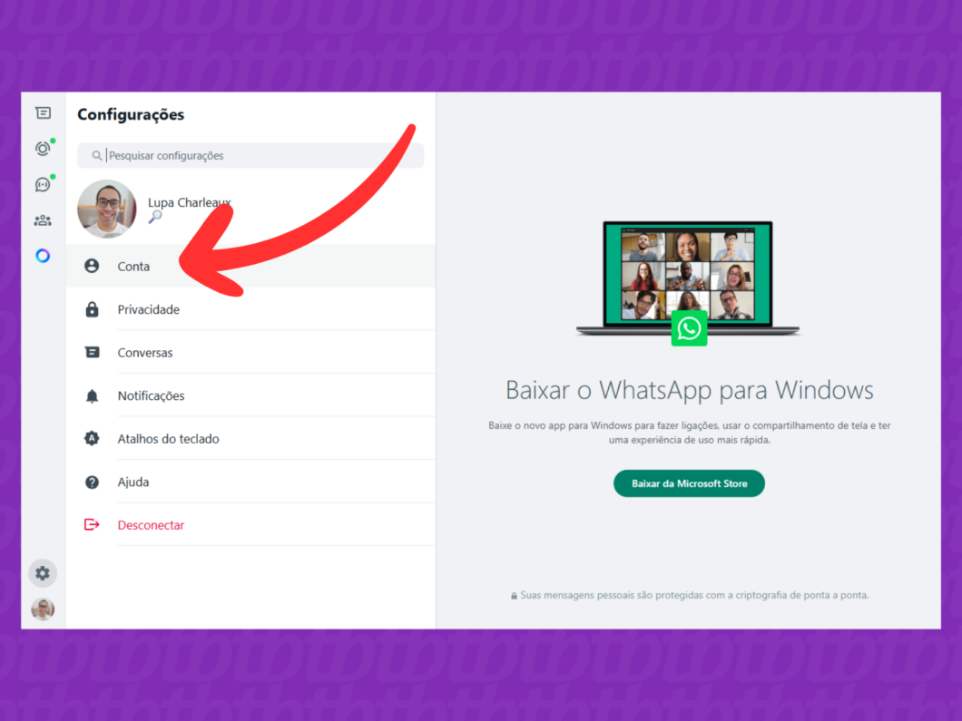 Captura de tela do site WhatsApp Web mostra como acessar o menu Conta
