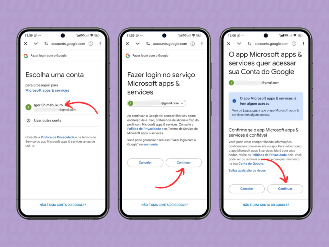 Confirmando a integração da conta Gmail e do Outlook para celular