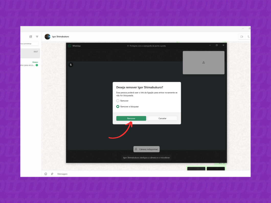 Confirmando a remoção do contato na chamada por link do WhatsApp Desktop