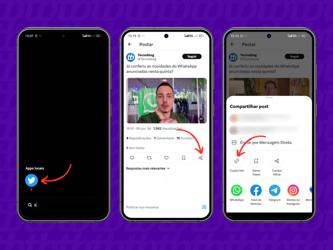 Copiando o link do vídeo do X pelo celular