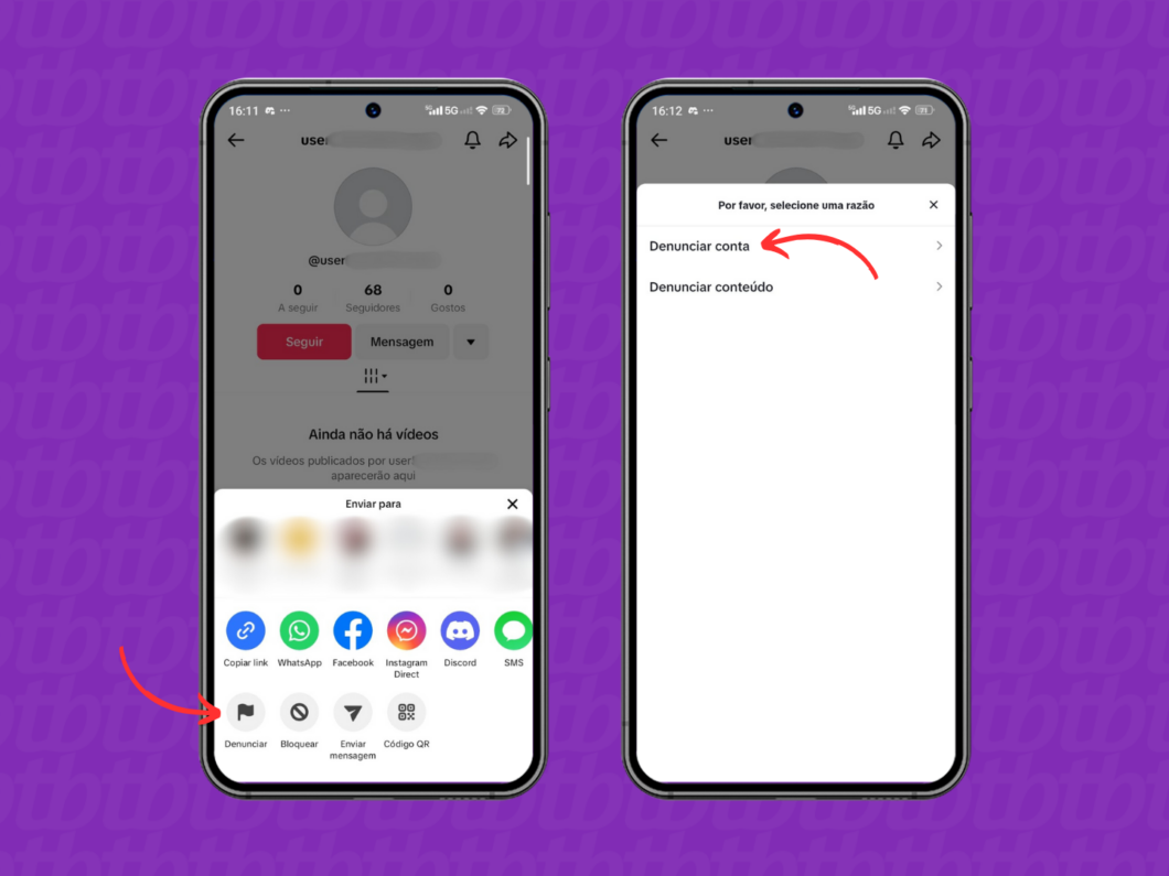Denunciando uma conta no TikTok pelo celular