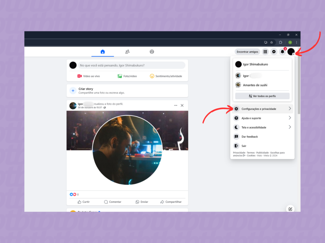 Entrando no menu de configurações do Facebook pelo PC