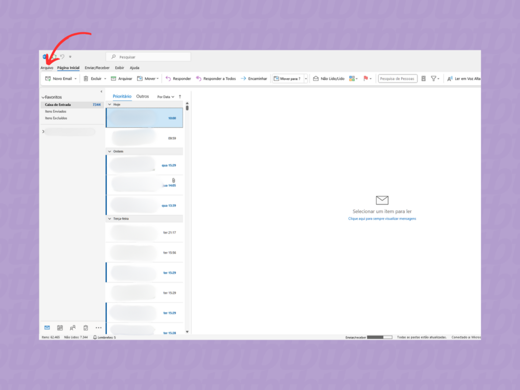 Entrando na seção 'Arquivo' do Outlook para PC