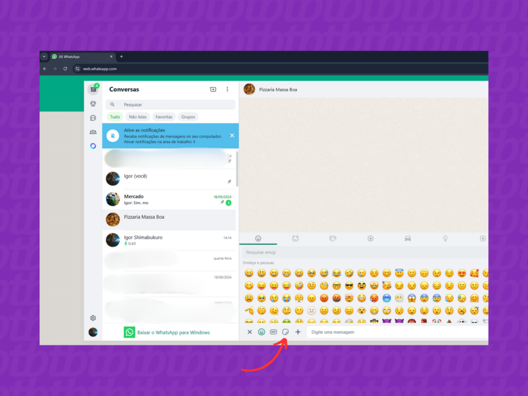 Entrando na seção de figurinhas do WhatsApp Web