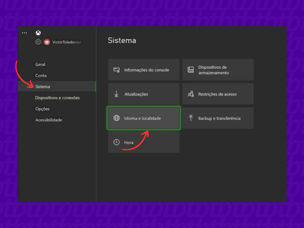 Entrando na seção 'Idioma e localidade' do Xbox