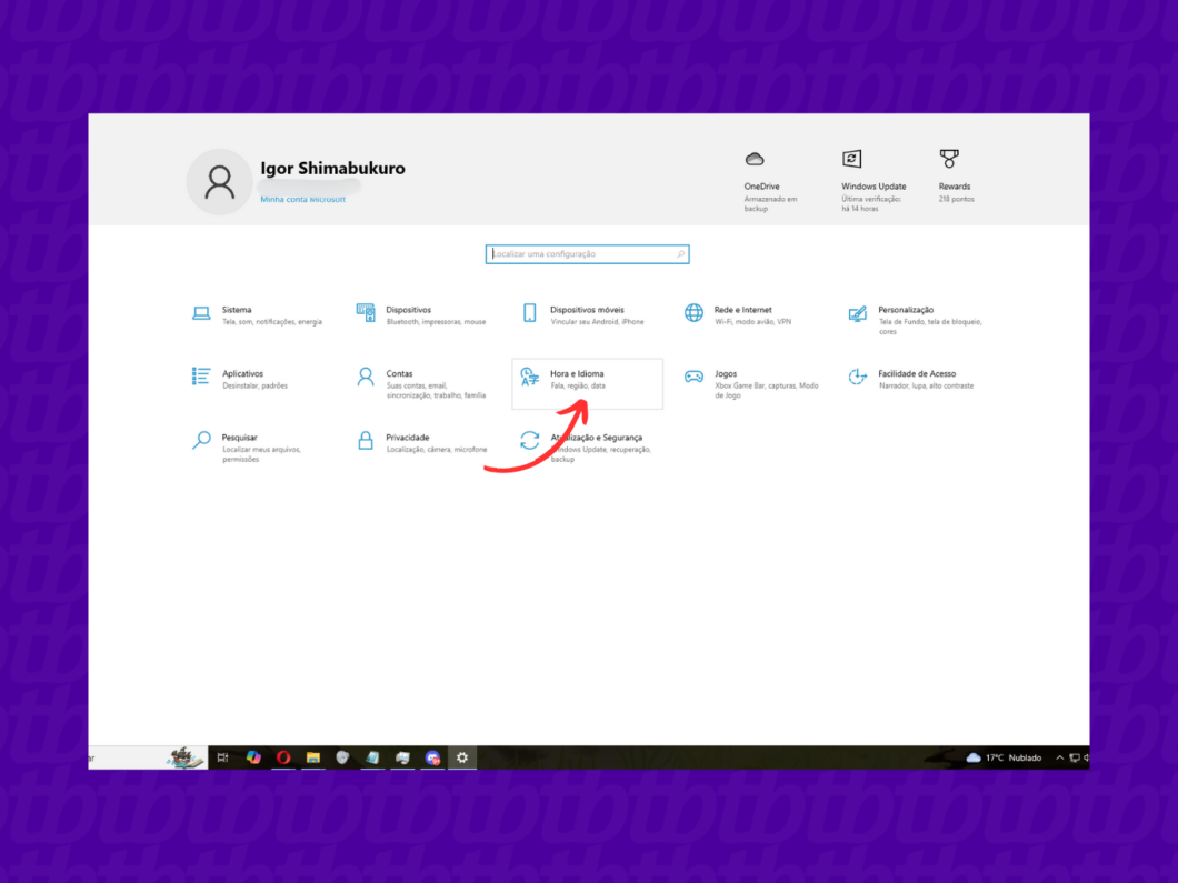 Entrando na seção 'Hora e idioma' do Windows