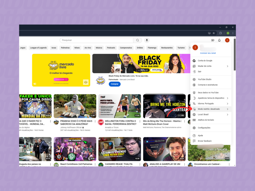 Entrando na seção Modo Restrito do YouTube pelo PC