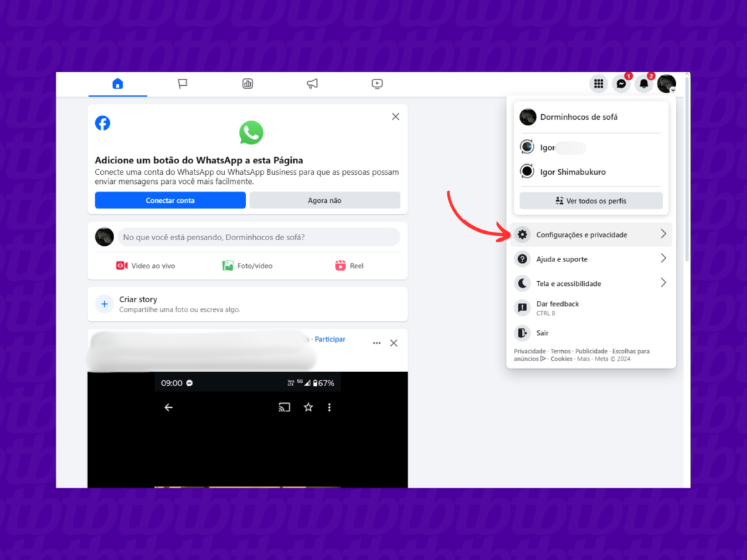 Entrando nas configurações da página do Facebook pelo PC