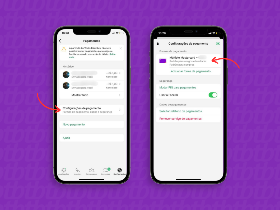 Entrando nas configurações de um cartão de pagamento do WhatsApp