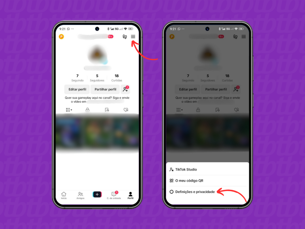 Entrando nas configurações do TikTok pelo celular