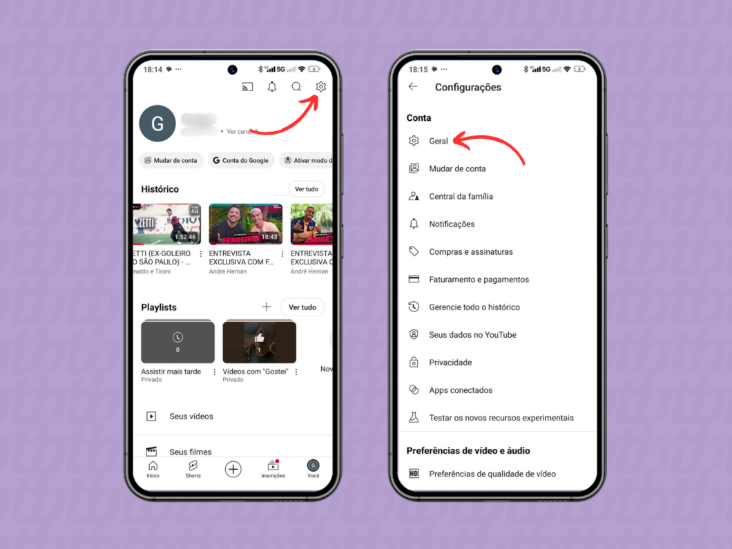 Entrando nas configurações gerais do YouTube pelo celular