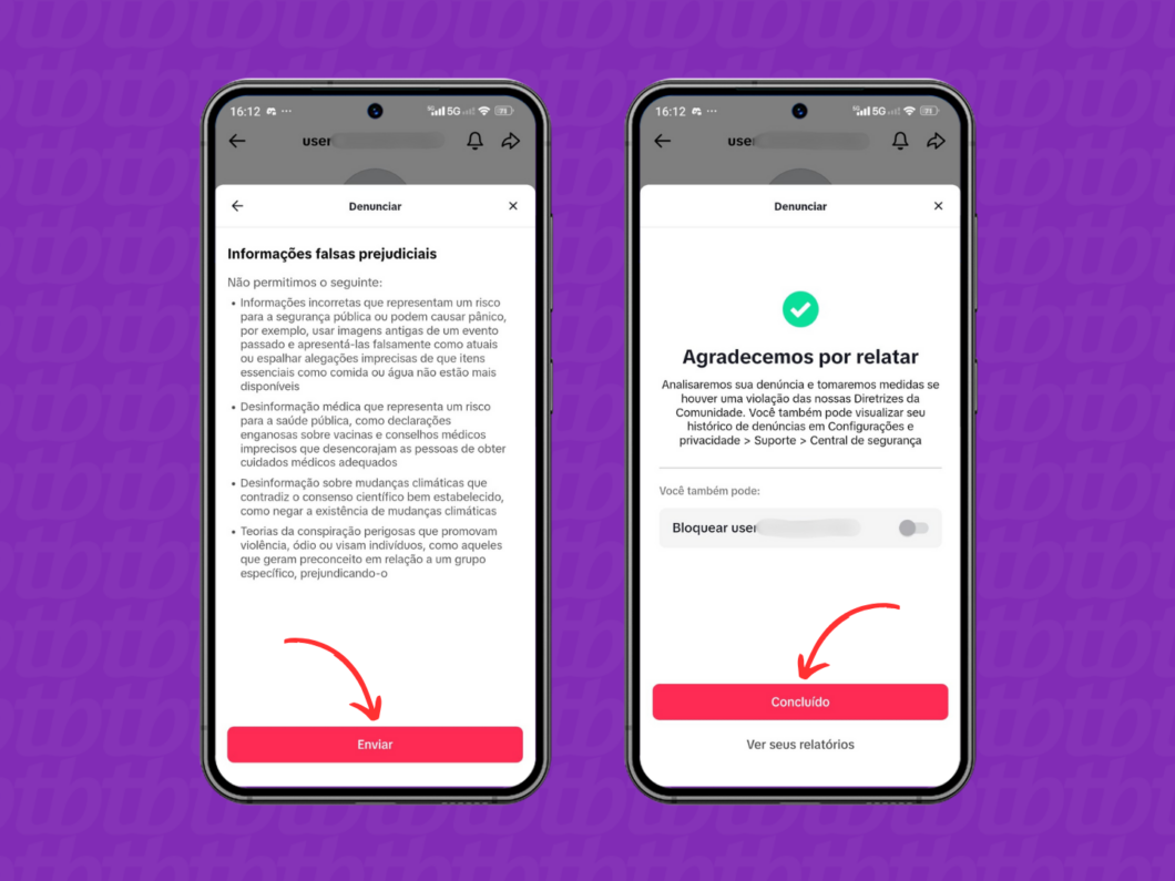 Enviando a denúncia do perfil no TikTok