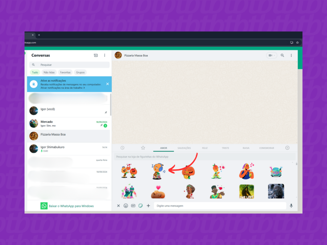 Enviando uma figurinha pelo WhatsApp Web