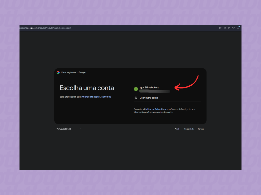 Escolhendo a conta Gmail pelo navegador