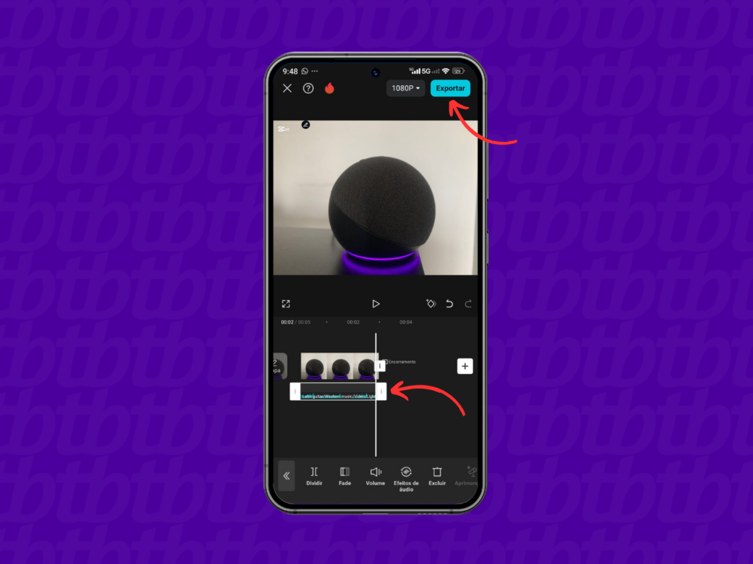 Exportando o arquivo com foto e música pelo CapCut