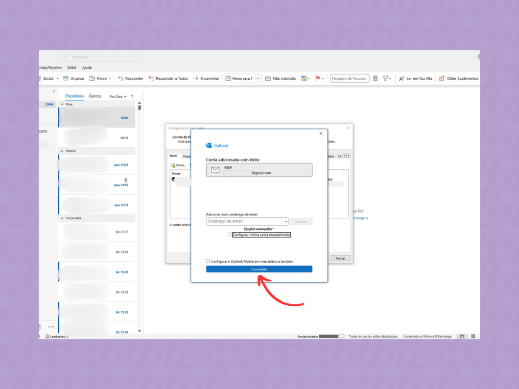 Finalizando a adição da conta Gmail ao Classic Outlook