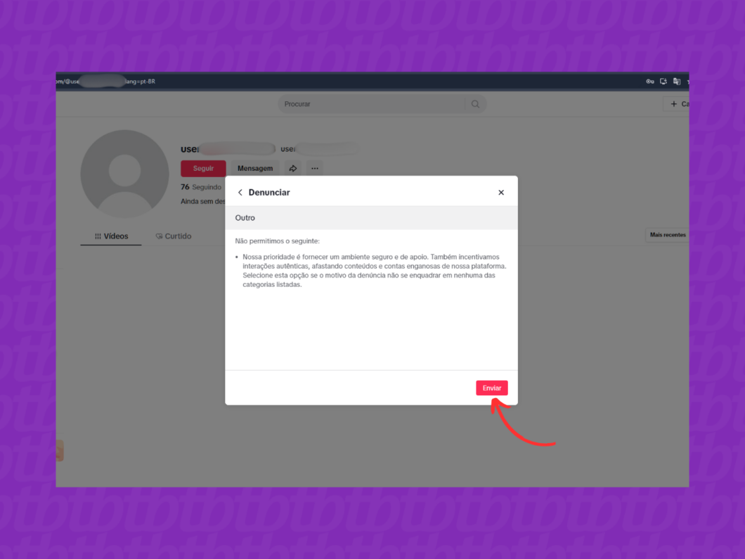 Finalizando a denúncia do perfil no TikTok pelo PC