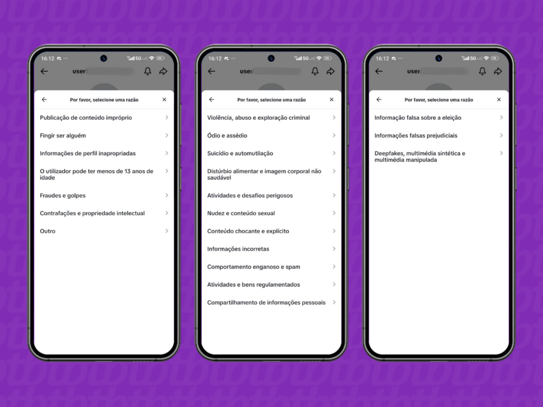 Justificando a denúncia do perfil no TikTok