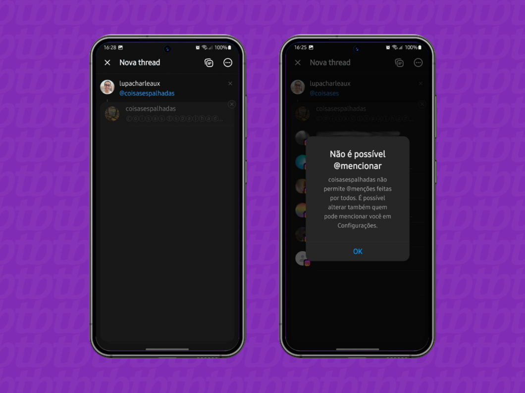 Captura de tela do Threads mostrando a notificação de que um perfil não pode ser mencionado.