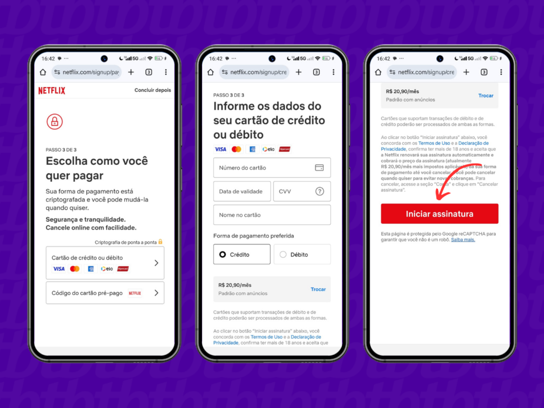 Pagando e finalizando a criação de conta da Netflix