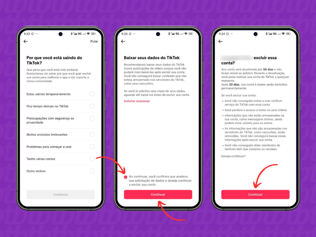 Prosseguindo com a exclusão de conta do TikTok pelo celular