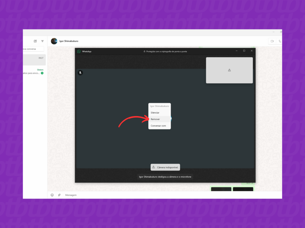 Removendo contato na chamada por link no WhatsApp Desktop