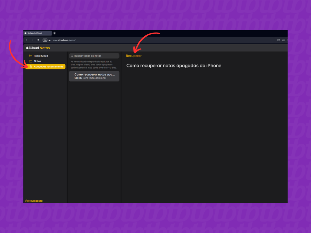 Restaurando uma nota apagada pelo iCloud