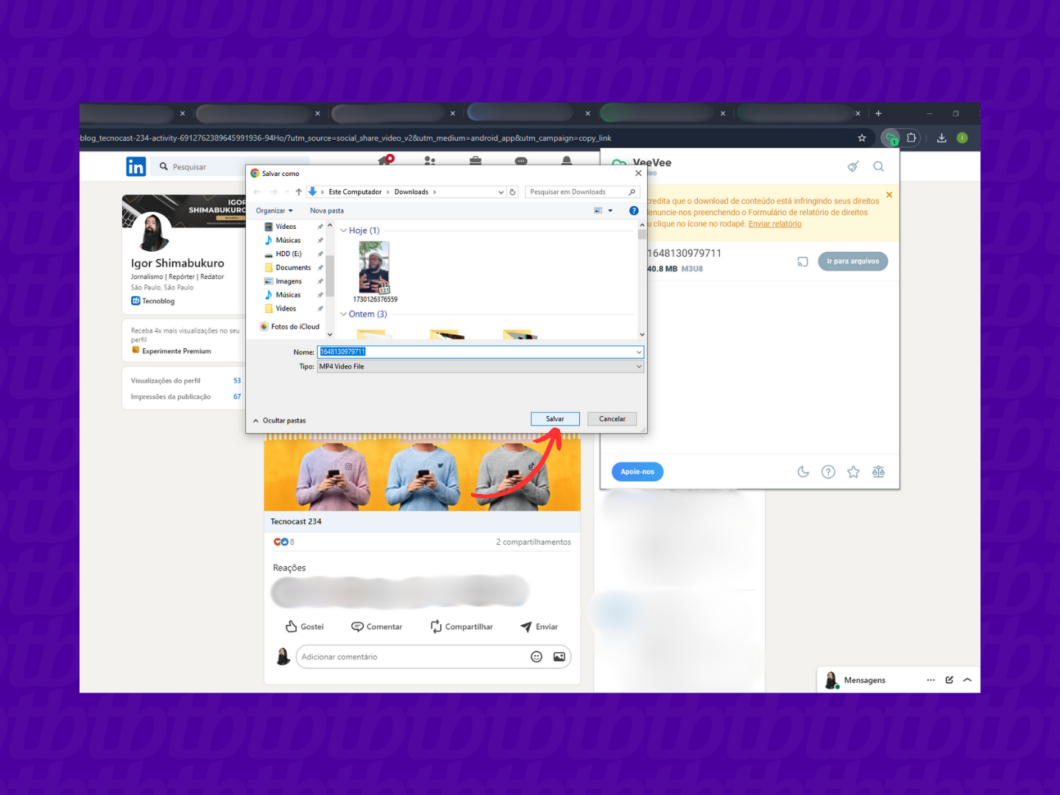 Salvando o vídeo do LinkedIn em seu computador