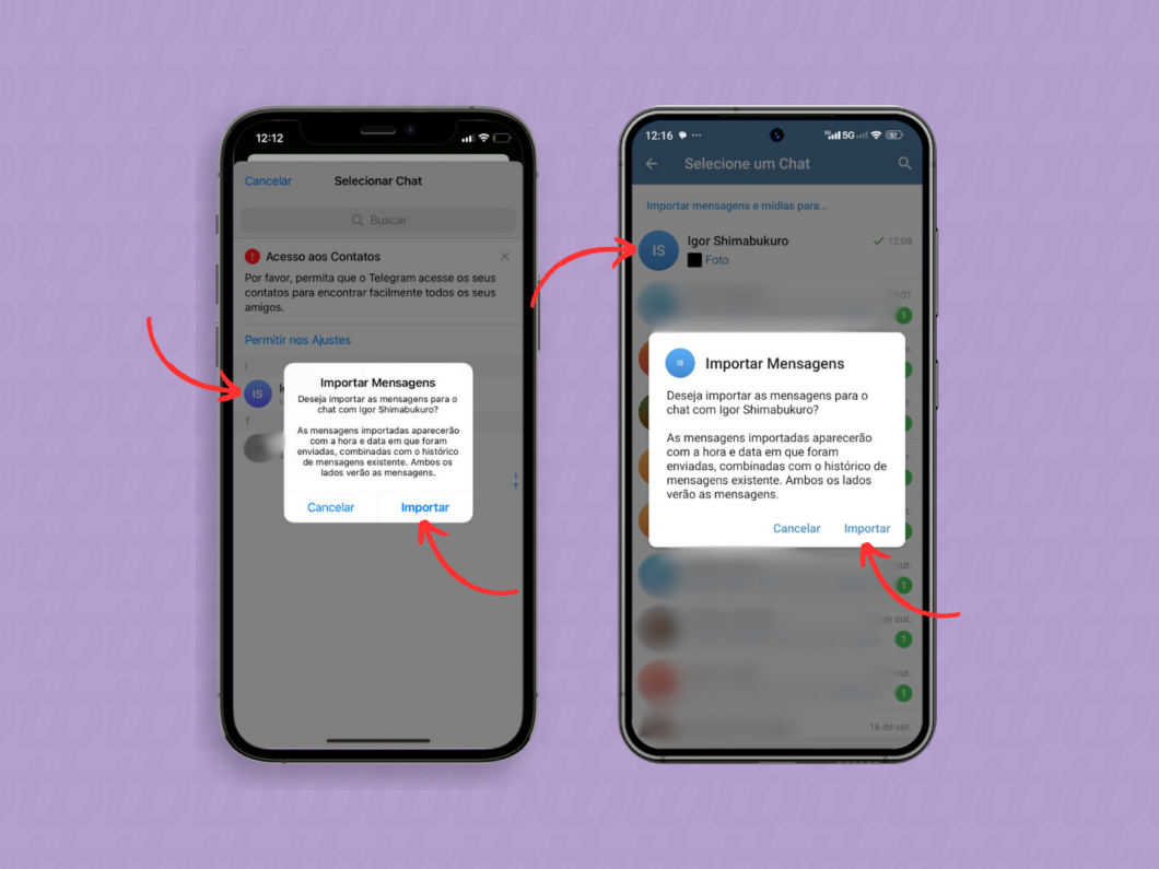 Selecionando o chat do Telegram que importará a conversa do WhatsApp