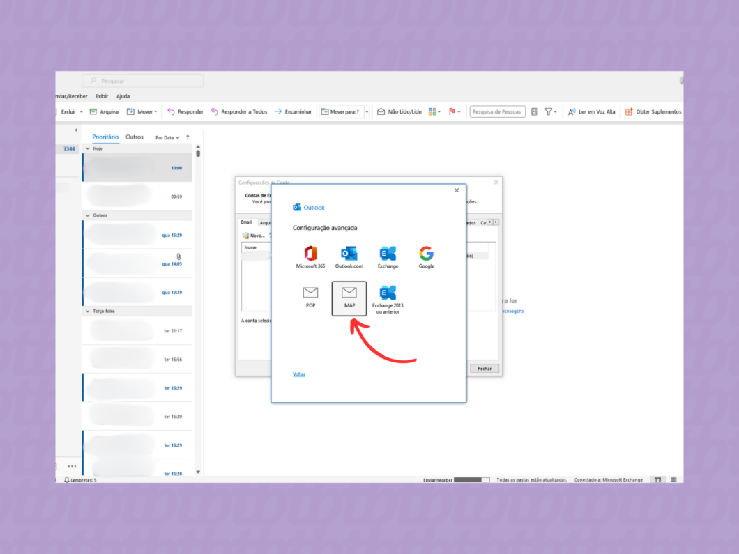 Selecionando o IMAP para a conta Gmail no Outlook