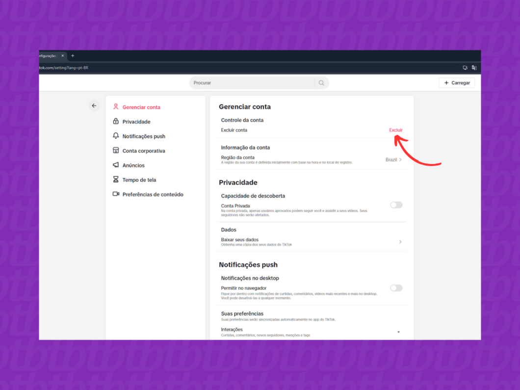 Usando o recurso de excluir conta do TikTok pelo PC