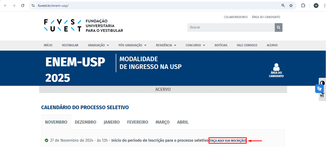 Acesso ao site Fuvest para Inscriçãono Enem-USP