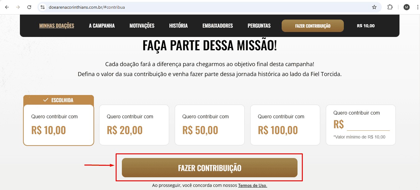 Escolha o valor da doação para a Doe Arena Corinthians