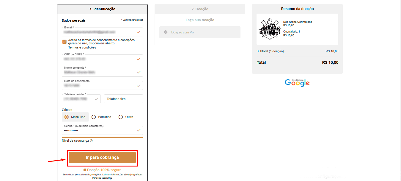 Finalizando o cadastro para doação na Doe Arena Corinthians