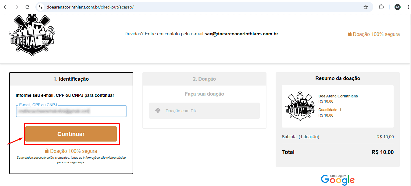 Preenchendo os dados para doação na Doe Arena Corinthians